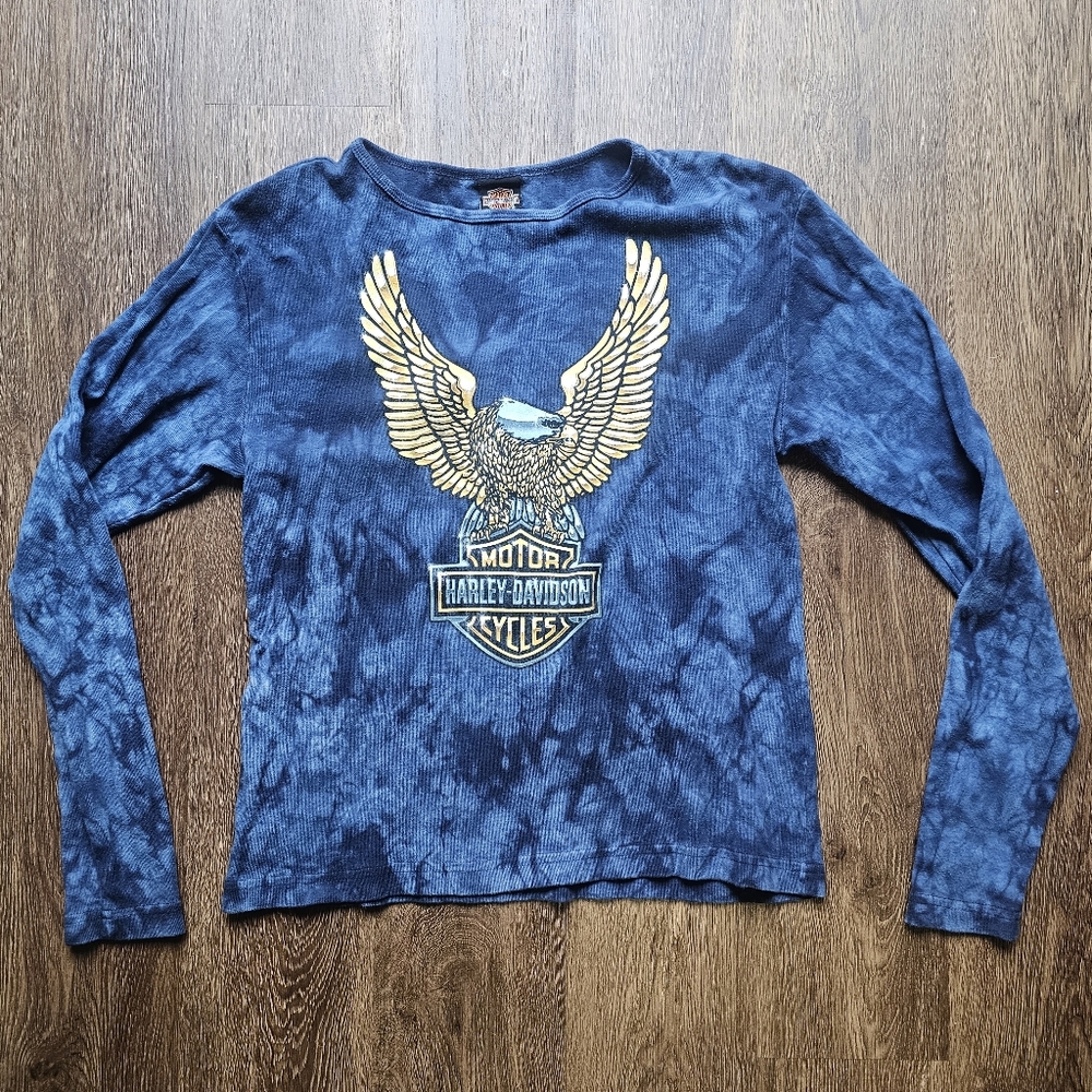 Vtg 90s Y2K Women’s Harley-Davidson Tie Dye Bald Eagle Long Sleeve T-Shirt Sz XL